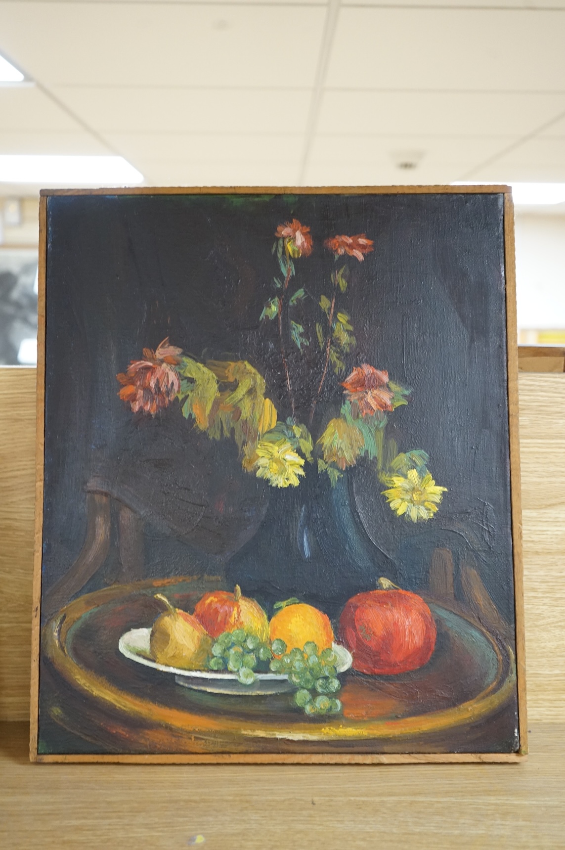 Contemporary, Still life of fruit and flowers, indistinctly inscribed verso, oil on canvas, 50 x 41cm